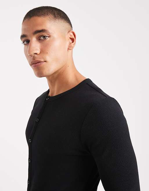 COLLUSION Slim Long Sleeve Button Thorugh T-shirt In Black