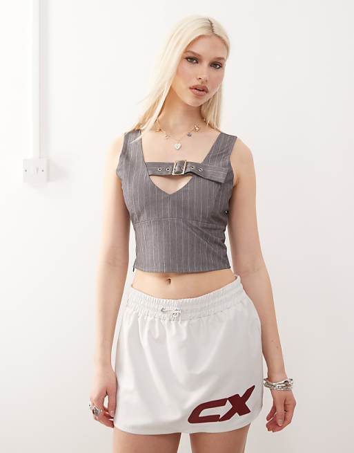 COLLUSION tailored buckle cami top in grey pinstripe