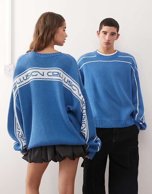 COLLUSION Unisex boxy fit knitted sweater jumper in blue