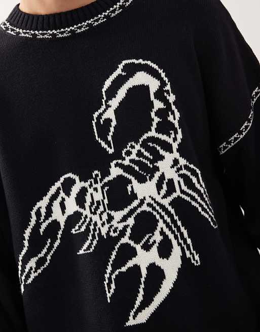 COLLUSION Unisex Jumper In Charcoal Blue With Scorpion Print
