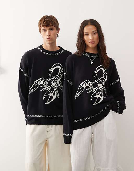 COLLUSION Unisex Jumper In Charcoal Blue With Scorpion Print