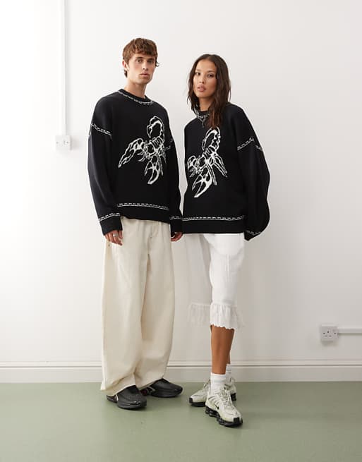 COLLUSION Unisex jumper in charcoal blue with scorpion print