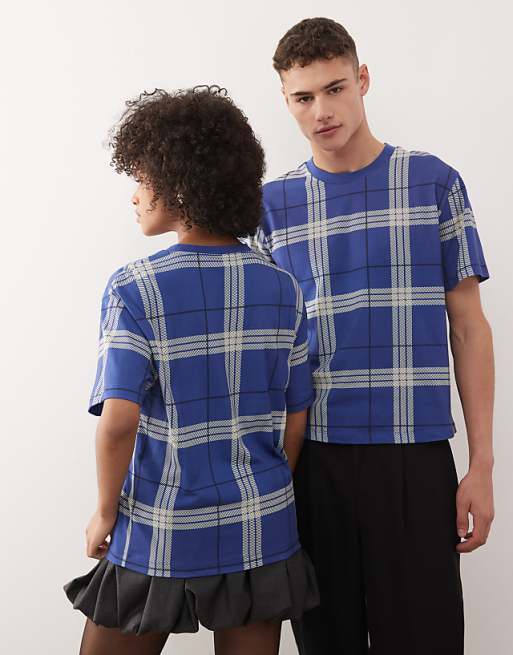 COLLUSION Unisex Slim Check Blue T-shirt