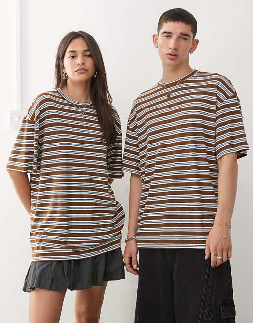 COLLUSION Unisex T-shirt In Brown Stripe