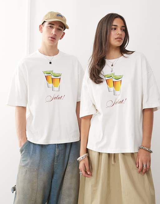 COLLUSION Unisex white t-shirt with shots graphic