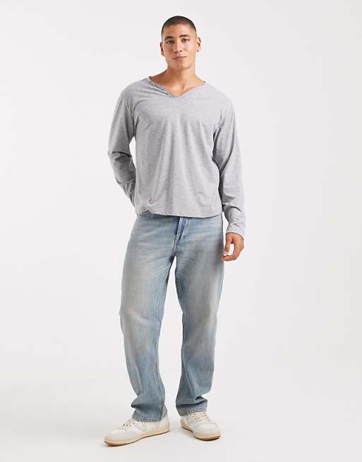 COLLUSION V Neck Buttonless Henley Long Sleeve T-shirt In Grey