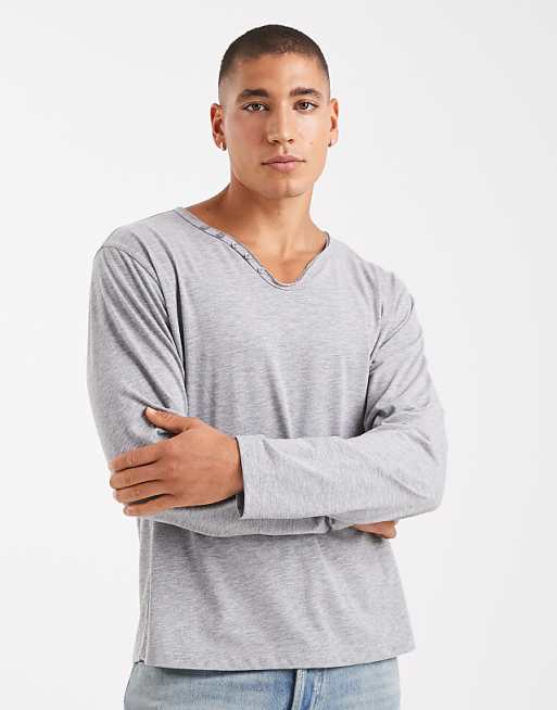 COLLUSION V neck buttonless henley long sleeve t-shirt in grey