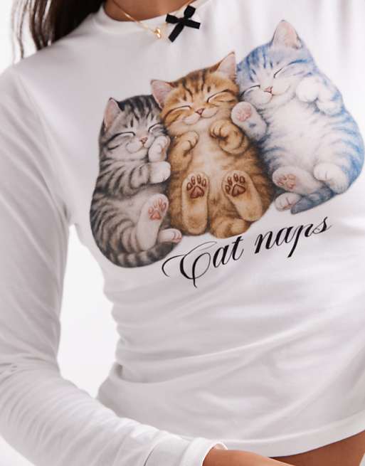 Daisy Street Cat Nap Graphic Pyjamas With Blue Check Trouser Set