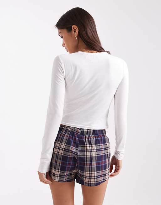 Daisy Street Cat Nap Graphic Pyjamas With Blue Check Trouser Set
