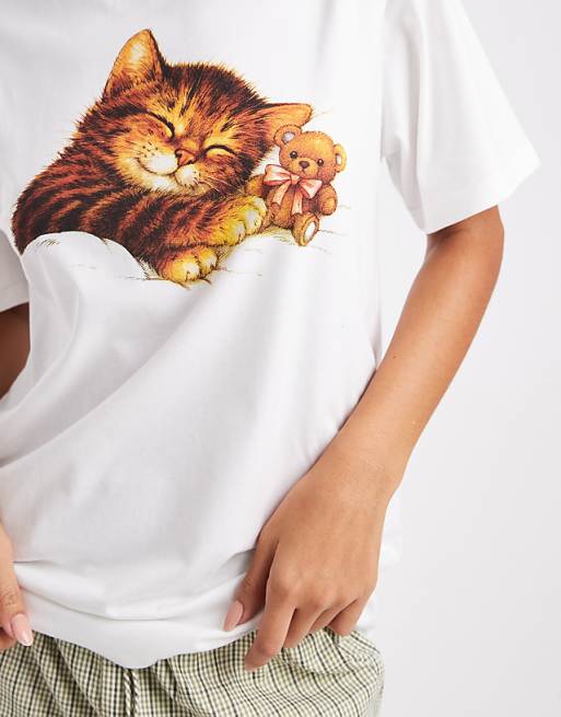 Daisy Street Oversized Cat Nap T-shirt In White