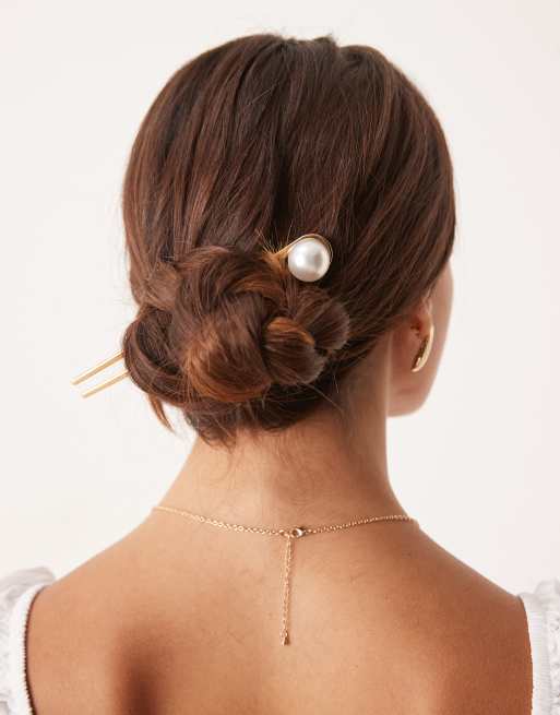 DesignB London Classic French Hair Pin In Gold And Pearl