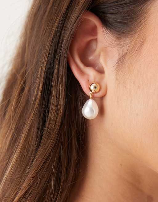 DesignB London Classic Stud And Pearl Drop Earrings In Gold