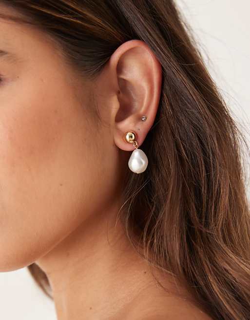 DesignB London classic stud and pearl drop earrings in gold