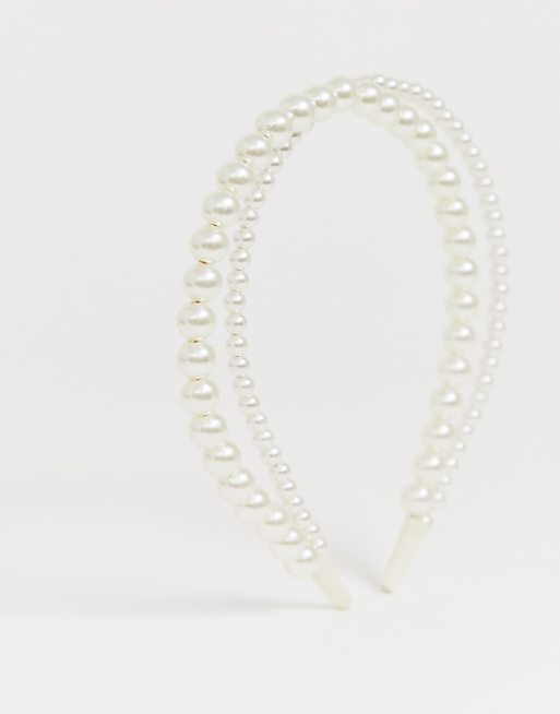 DesignB London Double Row Headband In Pearl
