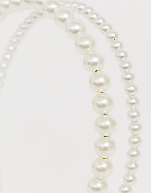 DesignB London Double Row Headband In Pearl