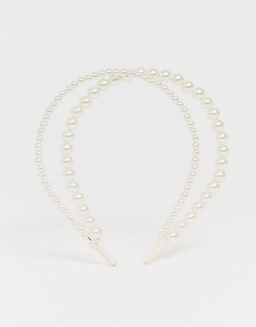 DesignB London Double Row Headband In Pearl