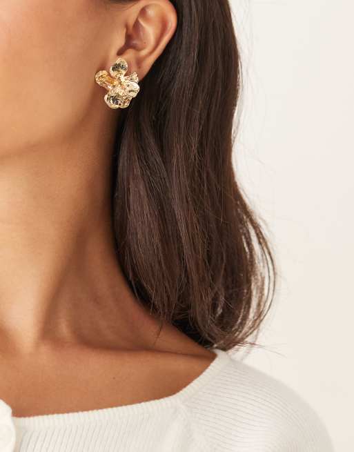 DesignB London Molten Flower Earrings In Gold
