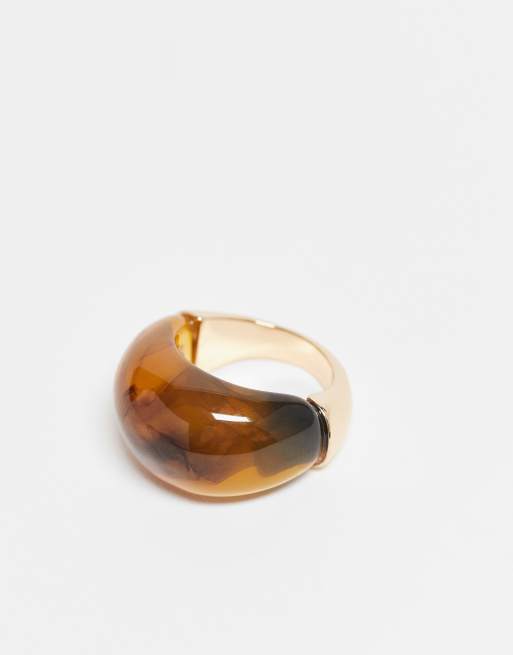 DesignB London Molten Gold Resin Chunky Ring In Dark Brown