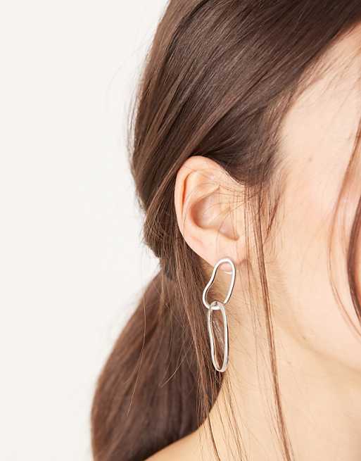 DesignB London molten statement double hoop stud earrings in silver