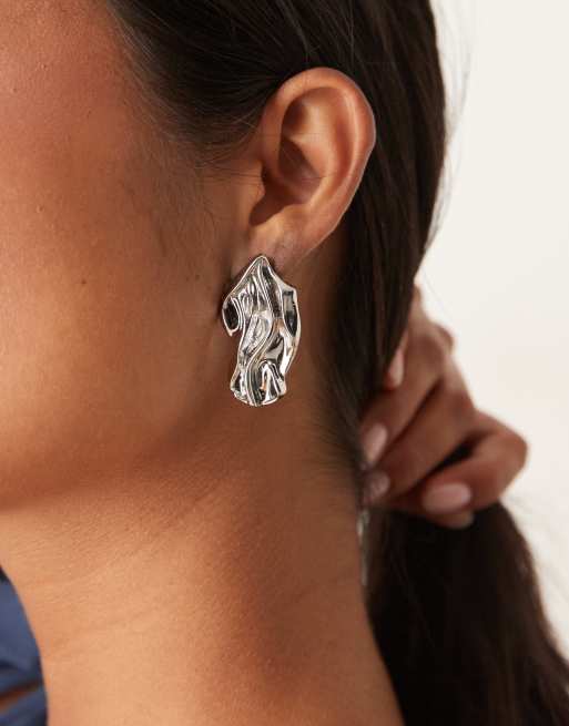 DesignB London Molten Statement Textured Stud Earrings In Silver
