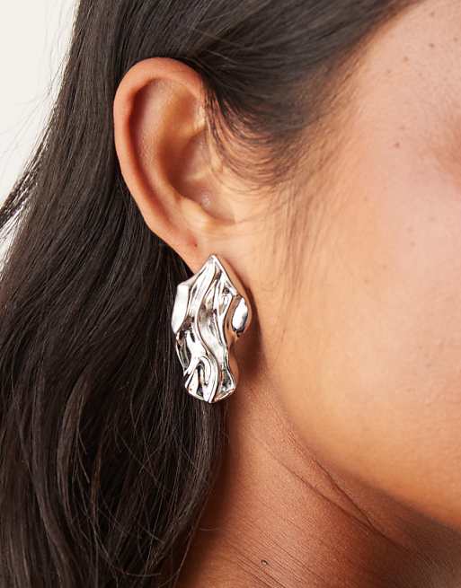 DesignB London molten statement textured stud earrings in silver