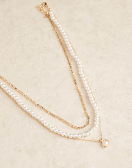 DesignB London Multi Row Pearl Necklace In Gold