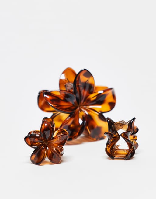 DesignB London Pack Of 3 Flower Hair Claw Clips In Brown Tortoiseshell