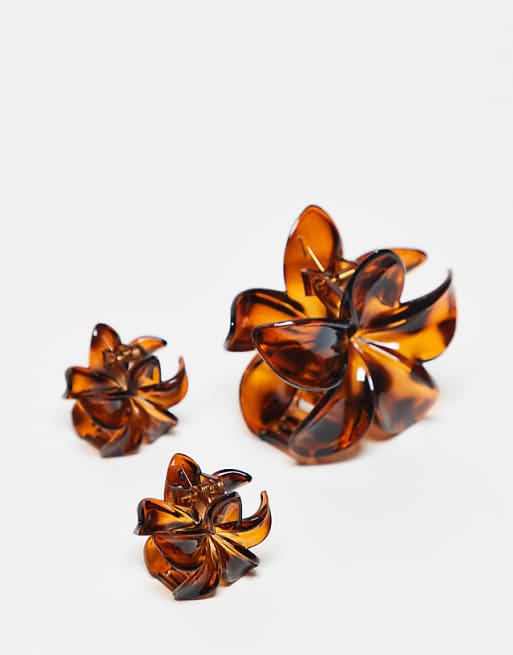 DesignB London pack of 3 flower hair claw clips in brown tortoiseshell