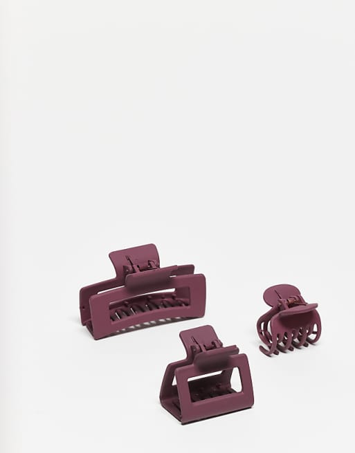 DesignB London pack of 3 hair claws in burgundy