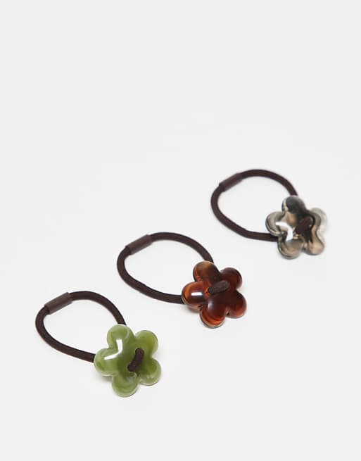 DesignB London pack of 3 resin flower hair ties in neutral