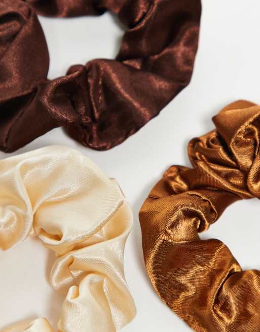 DesignB London Pack Of 3 Satin Hair Scrunchies In Warm Neutrals