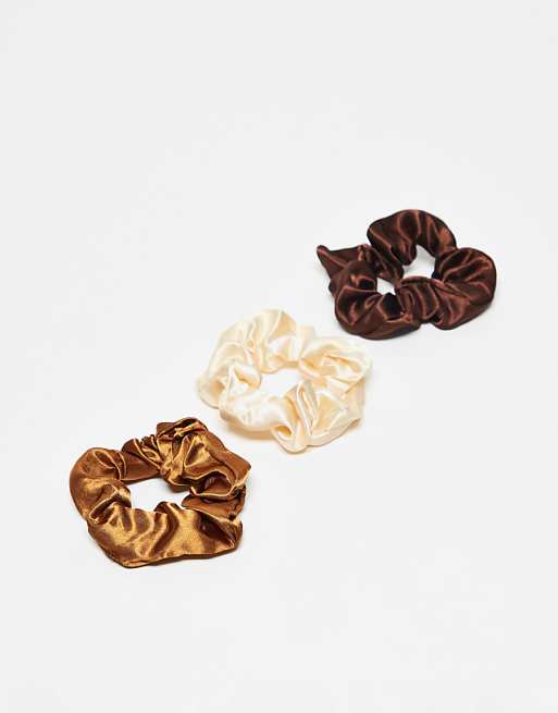 DesignB London pack of 3 satin hair scrunchies in warm neutrals