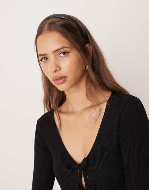 DesignB London Puffed Faux Leather Headband In Black
