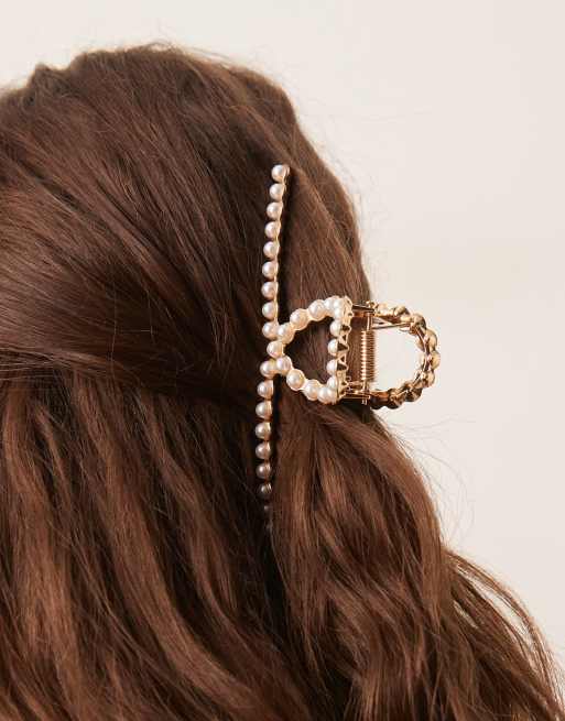 DesignB London Slim Pearl Hair Claw In Gold