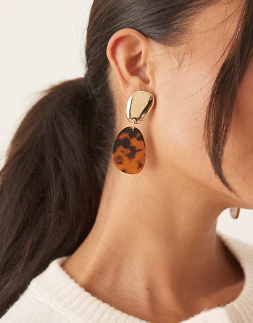DesignB London statement drop stud earrings in gold and brown tortoiseshell