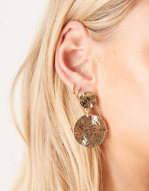 DesignB London statement hammered drop earrings in gold