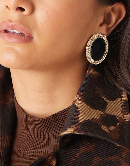 DesignB London vintage black stone stud earrings in gold