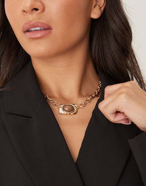 DesignB London vintage stone chocker chain necklace in gold