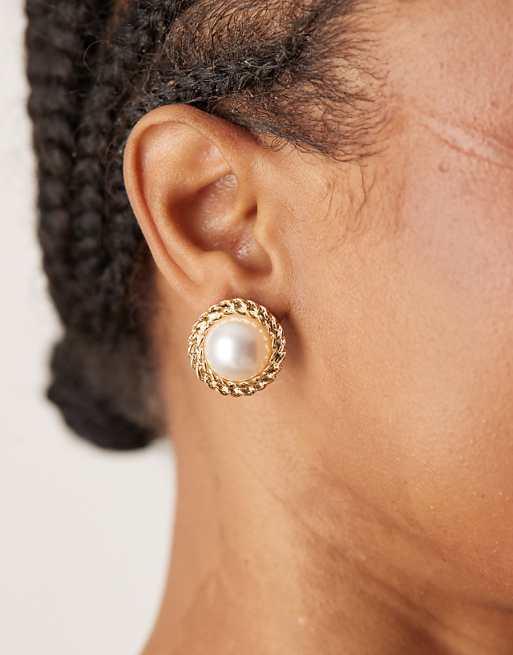 DesignB London vintage style rope twist earrings with pearl in gold