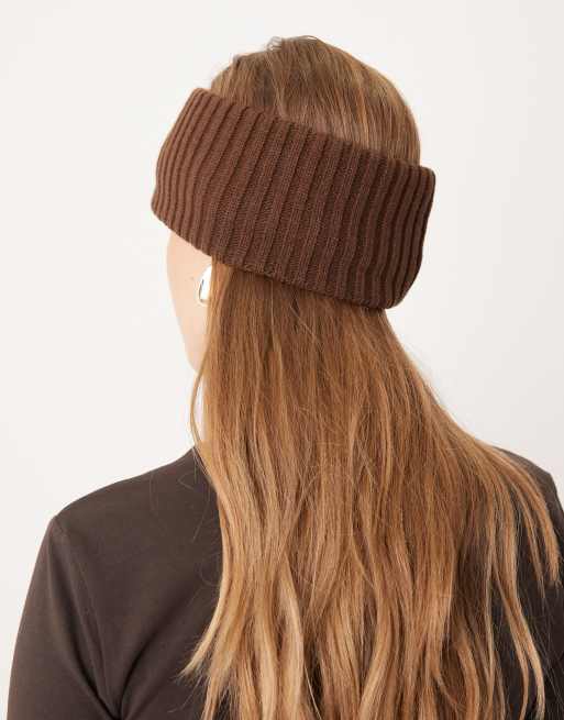DesignB London Wide Ribbed Headband In Chocolate Brown