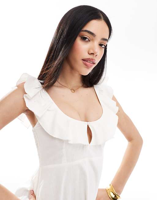 Esmee Exclusive Ruffle Sleeve Tie Front Mini Beach Dress In Cream
