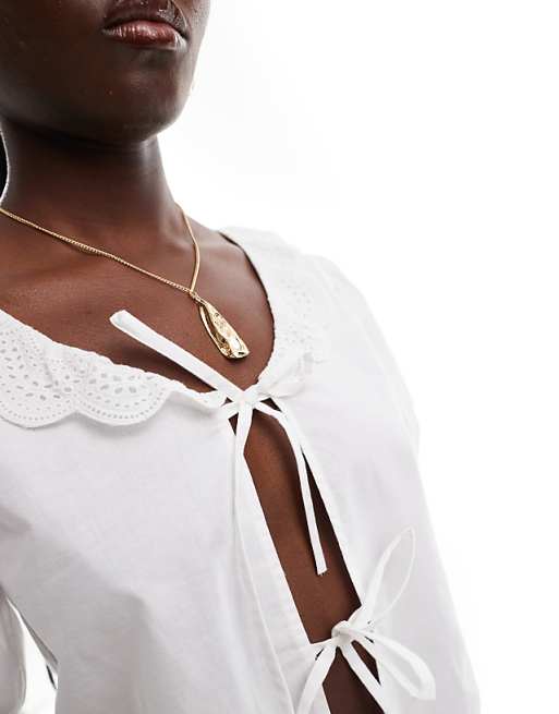 Esmee Exclusive White Cotton Poplin Tie Front Top With Lace Collar In White