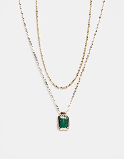 Faded Future pack of 2 green stone pendant and chain necklaces in gold