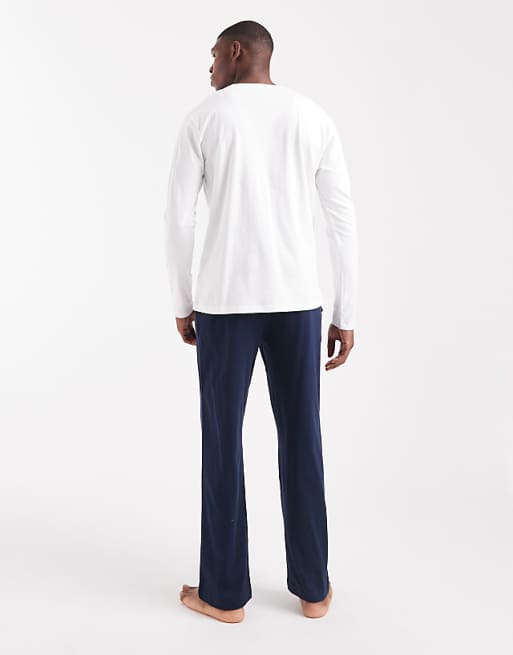 Farah Long Sleeve Logo T-shirt And Branded Jacquard Waistband Lounge Bottoms Set In White/navy - MULTI