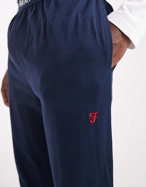 Farah Long Sleeve Logo T-shirt And Branded Jacquard Waistband Lounge Bottoms Set In White/navy - MULTI