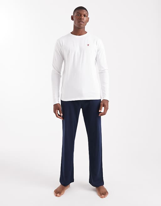 Farah long sleeve logo t-shirt and branded jacquard waistband lounge bottoms set in white/navy - MULTI