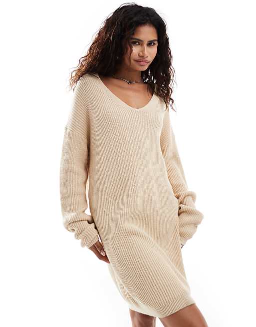 Glamorous Collar Detail Oversized Jumper Dress In Oatmeal