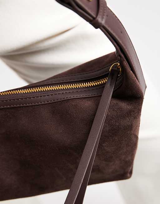 Glamorous Faux Suede Buckle Detail Shoulder Bag In Deep Brown