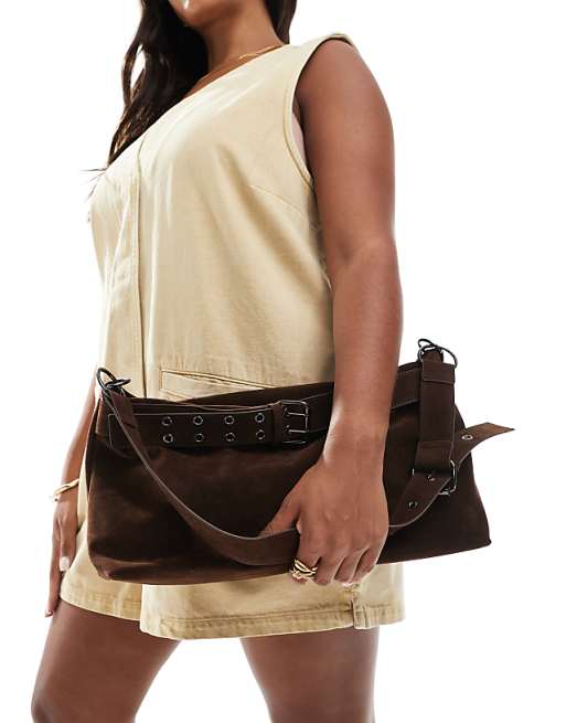 Glamorous Faux Suede Buckle Shoulder Bag In Brown