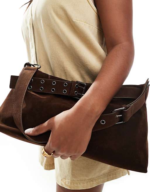 Glamorous Faux Suede Buckle Shoulder Bag In Brown